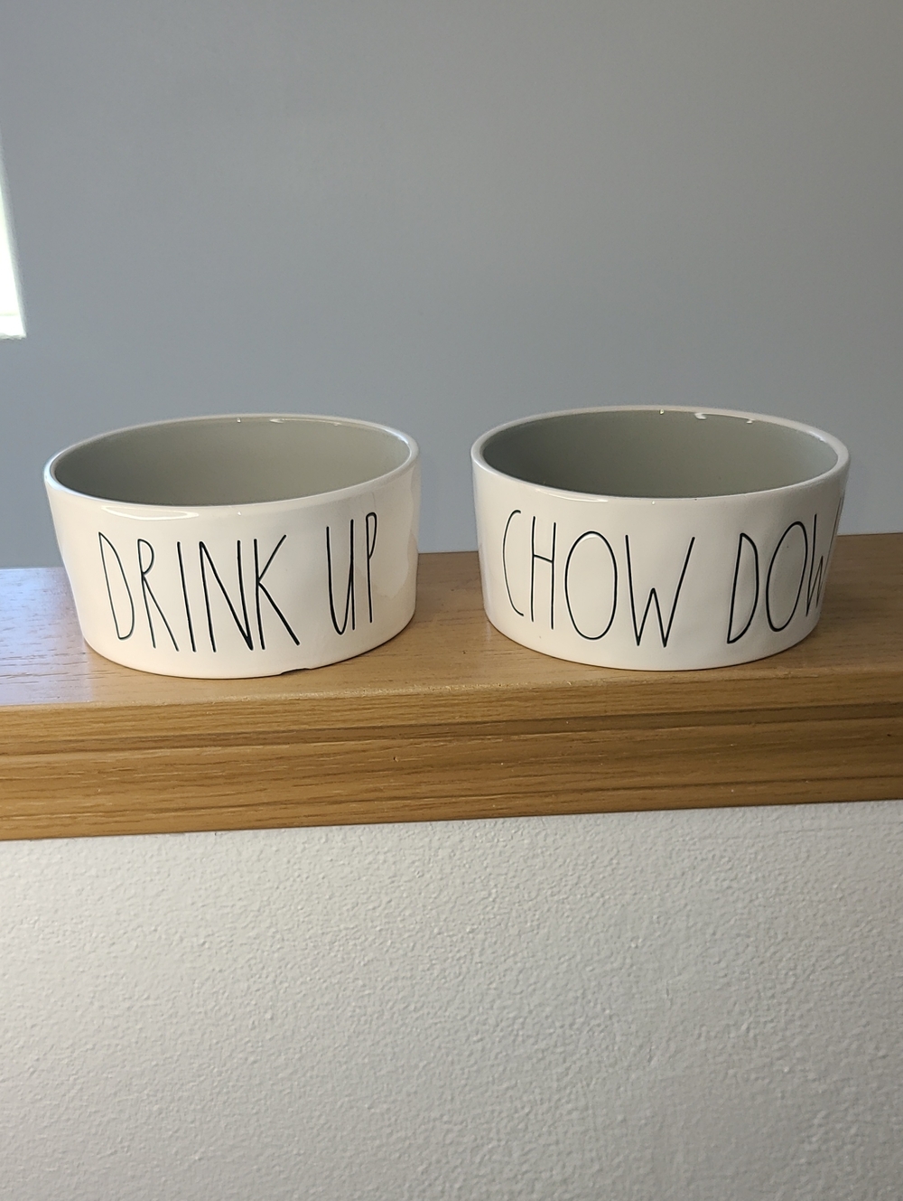Rae Dunn White Ceramic Pet Bowls Set with Black Lettering - Drink Up & Chow Down